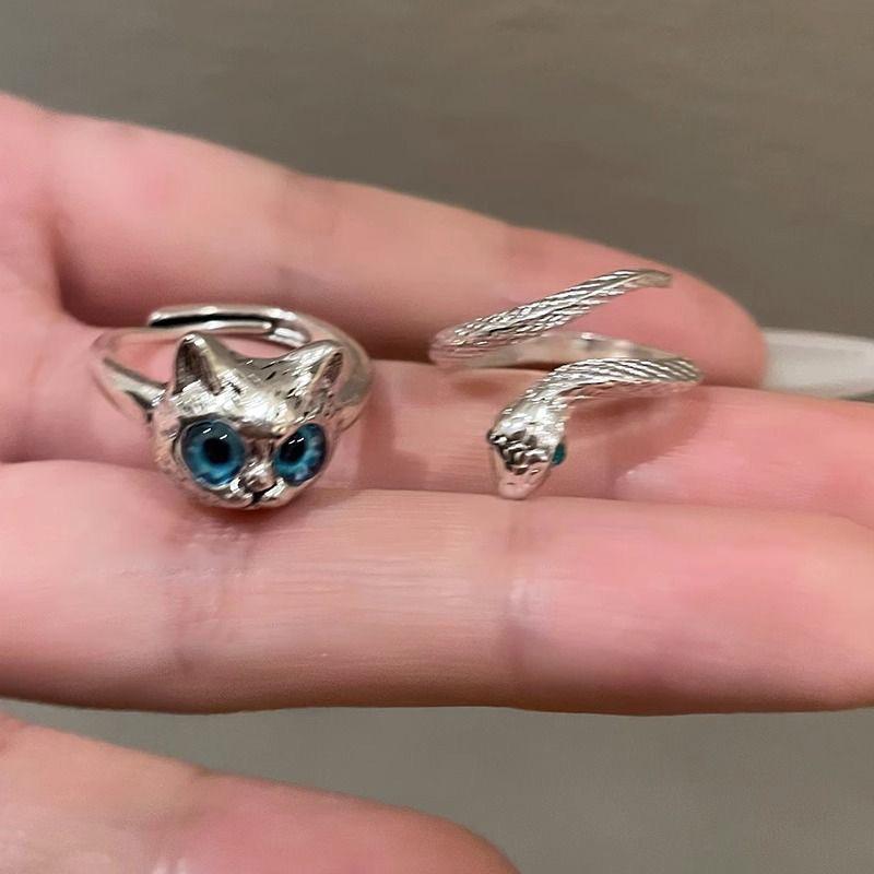 Vivid Cute Silver Color Cat Snake Open Rings For Women Girls Adjustable Finger Ring Gothic Cool Animal Jewelry Gifts