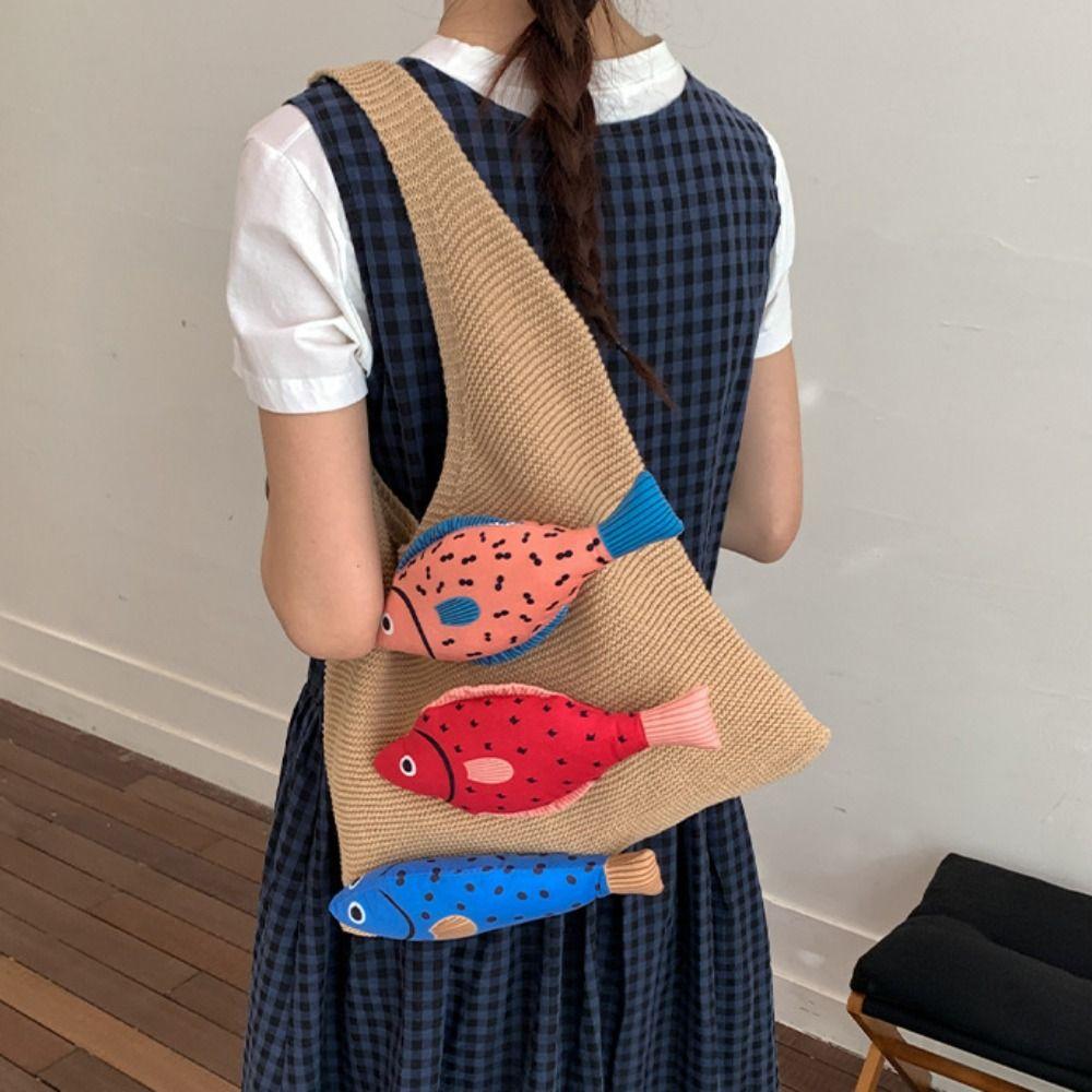 Summer Weave Knitted Bag Cotton Beach Bag Fashion Fish Shoulder Bag Women