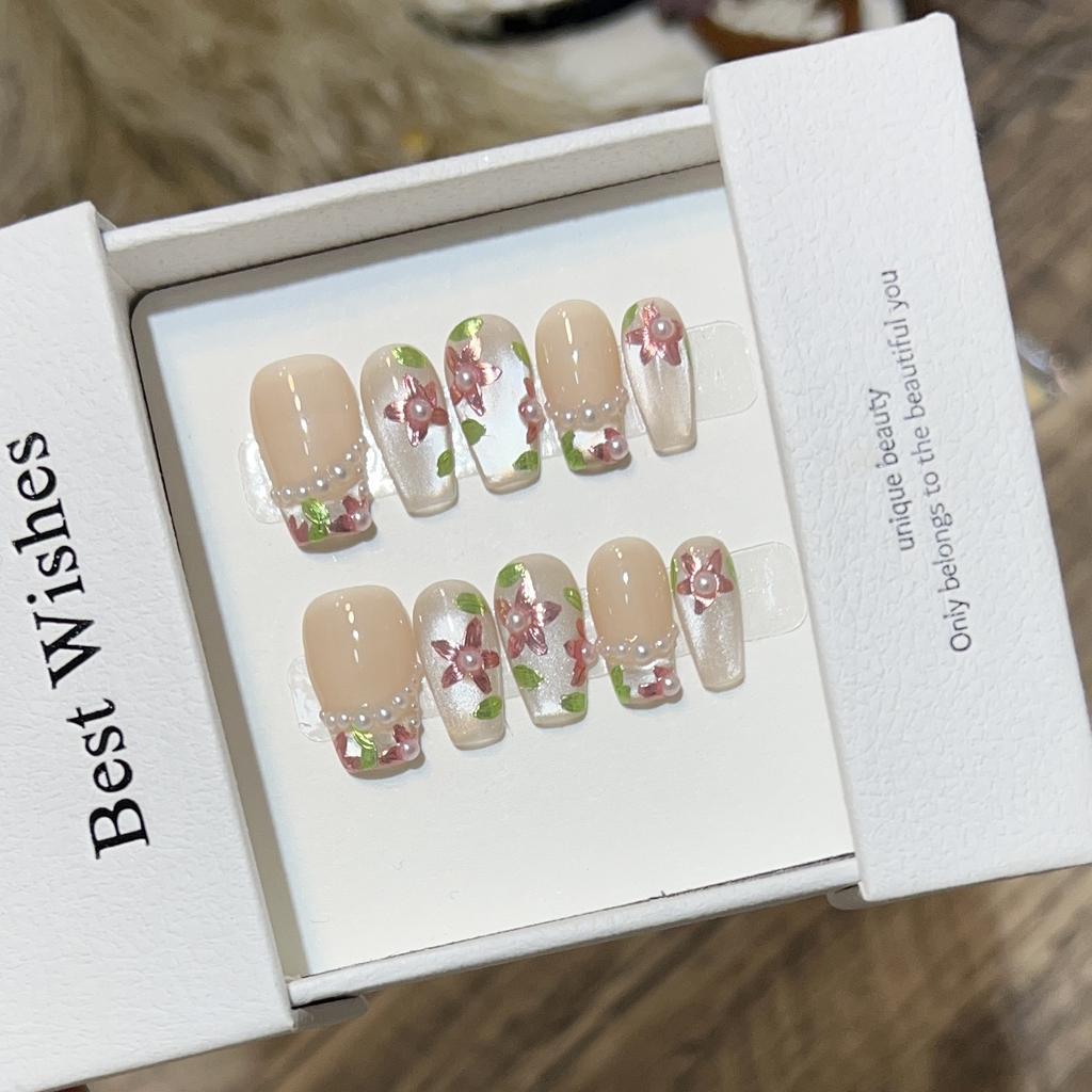 Advanced Sense of Wearable Armor Handmade Nude Color French Cat Eye Hand-painted Purple Magic Mirror Pearl Fake Nail Removable Nails