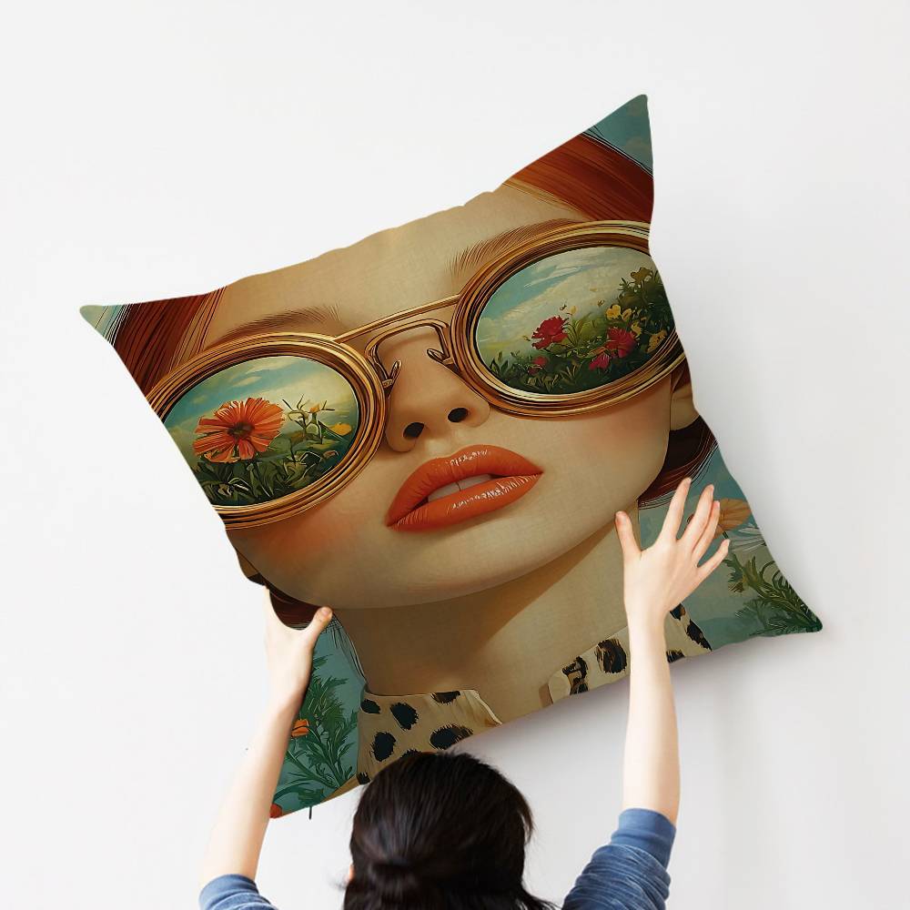 1pc Nordic Boho Fashion Glasses Woman With Flowers Personalized Pillow Dust Cover Bedroom Kids Party Decoration Pillowcase