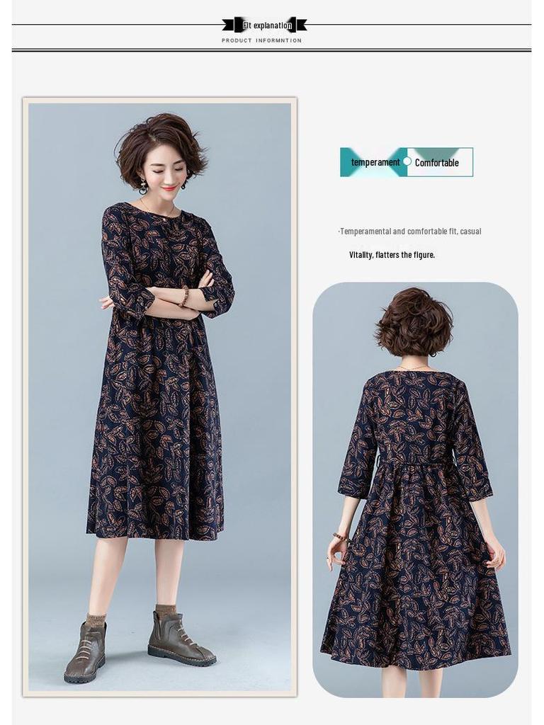 2024 Floral Long-Sleeved Dress for Women, Elegant Spring/Autumn Wear for Middle-Aged to Elderly (Age 40+)