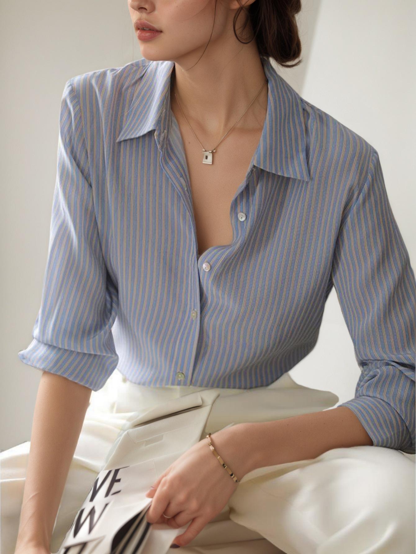 2026 Women s Striped Long-Sleeve Shirt - Elegant and Stylish for Commuting Large светло-синий