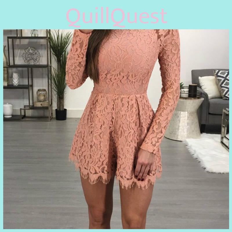 Elegant Womens Fashion Casual Romper Dress Lace Long Sleeve Sexy Short Jumpsuit