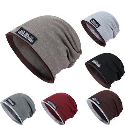 Unisex Korean-Style Double Layer Slouchy Beanie - Autumn/Winter Solid Color with Cloth Label