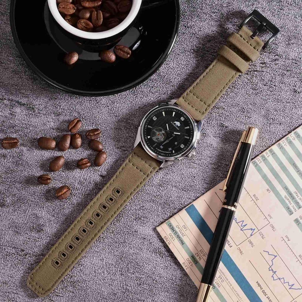 Nylonowy Pasek do Zegarka Szczotkowana Klamra Quick Silver Wymienny Pasek [BISONSTRAP] Pasek, Płótno, Klamra, Zwalniacz, 20mm, Khaki,