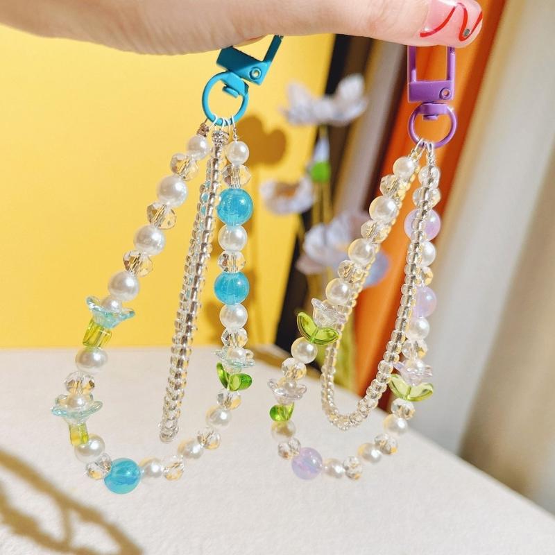 Double Layer Flower Beaded Pendant Phone Charm Hanging Rope Cute Phone Chain Strap Bag Decoration Keychain Accessories