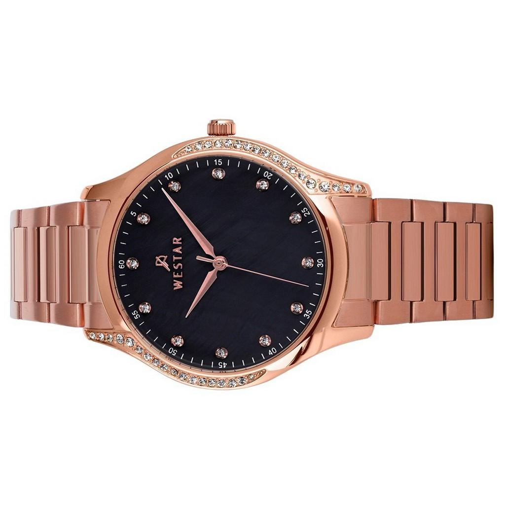 Westar Zing Crystal Accents Rose Gold Tone Stainless Steel Black Mother Of Pearl Dial Quartz 00127PPN613 Damski zegarek