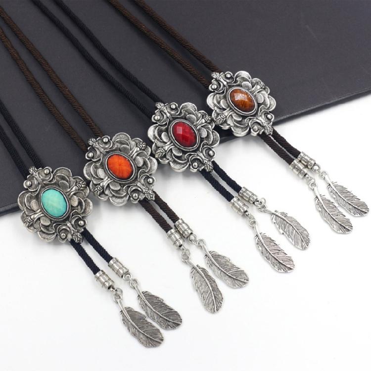 Unique Flower Necktie Braided Cord Alloy Engraving Stone Charm Neck Jewelry Tie Unisex Necklace Rodeos