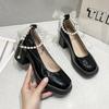 White Pearl Thick Heel Mary Jane Single Shoes Women's Waterproof Table 2025 Summer New French Retro with Skirt High Heels