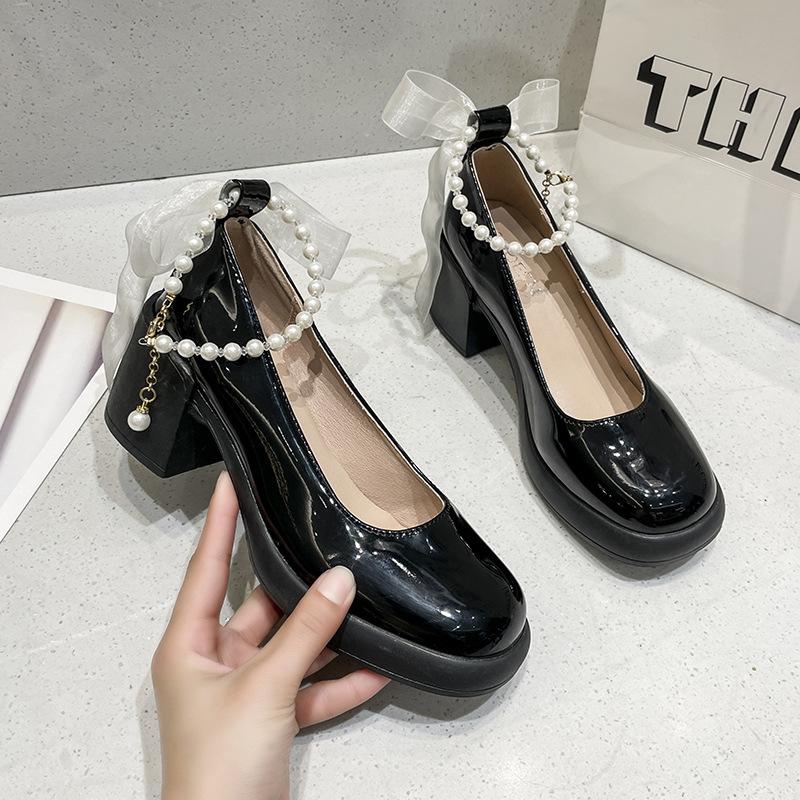 White Pearl Thick Heel Mary Jane Single Shoes Women's Waterproof Table 2025 Summer New French Retro with Skirt High Heels