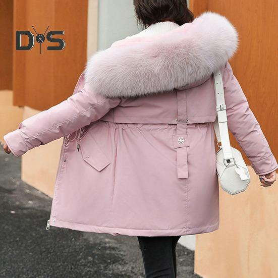 Women Coat Hooded Winter Jacket with Faux Fur Collar Warm Fashionable Zipper Closure Coat for Autumn Winter
