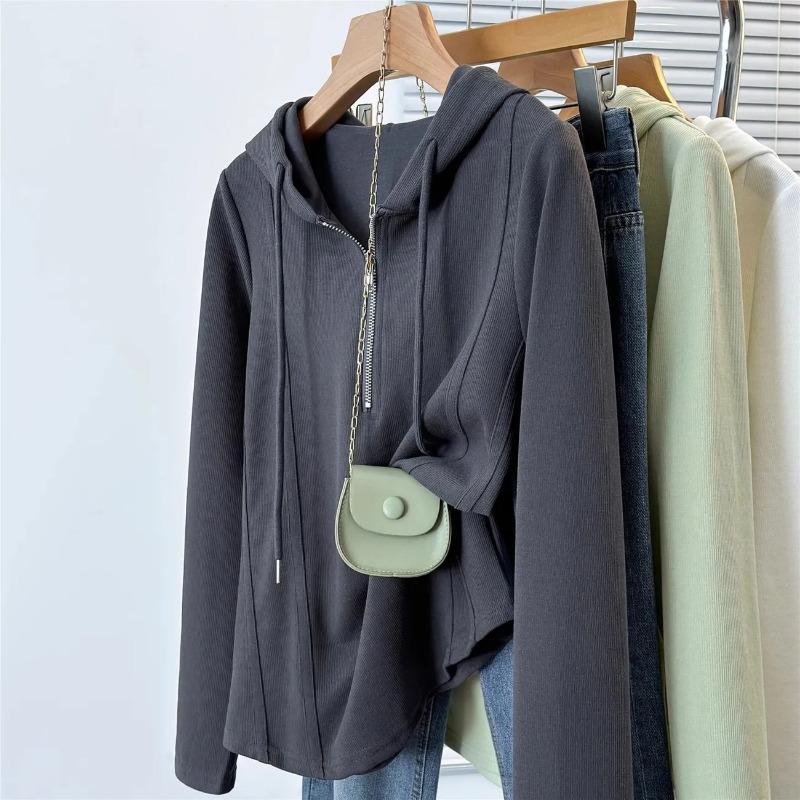 Spring Autumn Solid Ribbed Hooded Top Women Half Zip Drawstring Slim Fit Casual Long Sleeve Hoodie