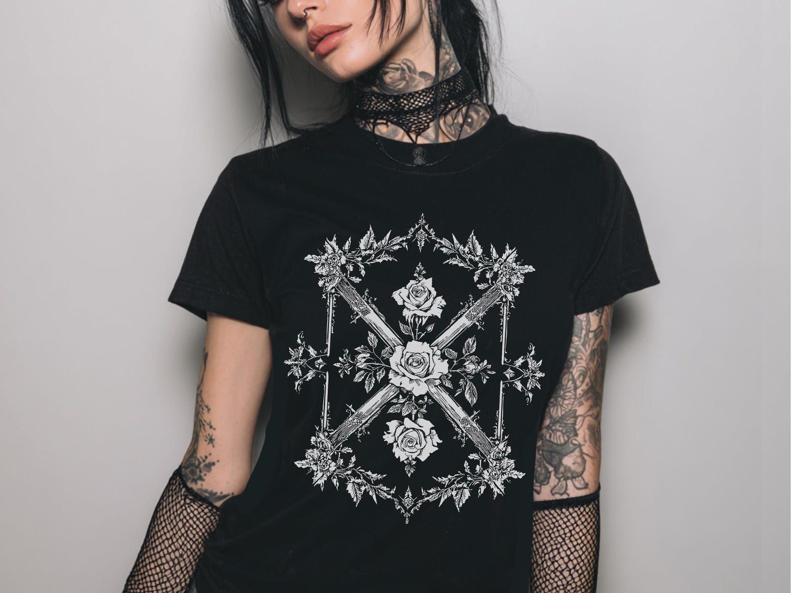 Gothic Rose Fitted Graphic T-Shirt, Y2K Pastel Goth Shirt, Emo Whimsigoth Clothing, Coquette Gothic Clothes, Witchy Goth Gift For Her 3XL
