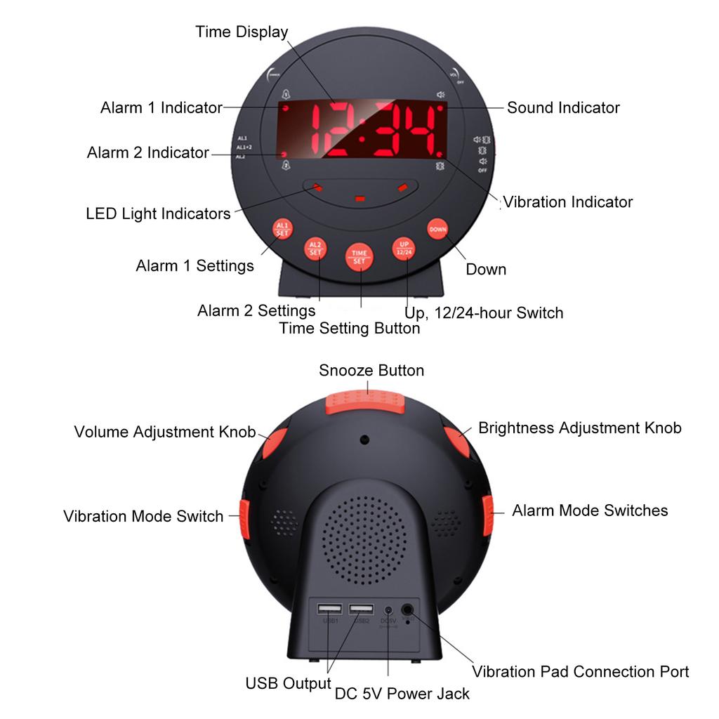 Vibrationswecker mit LED-Anzeige, 2 Weckzeiten, Schlummerfunktion, Starke Vibration und Blinklicht für