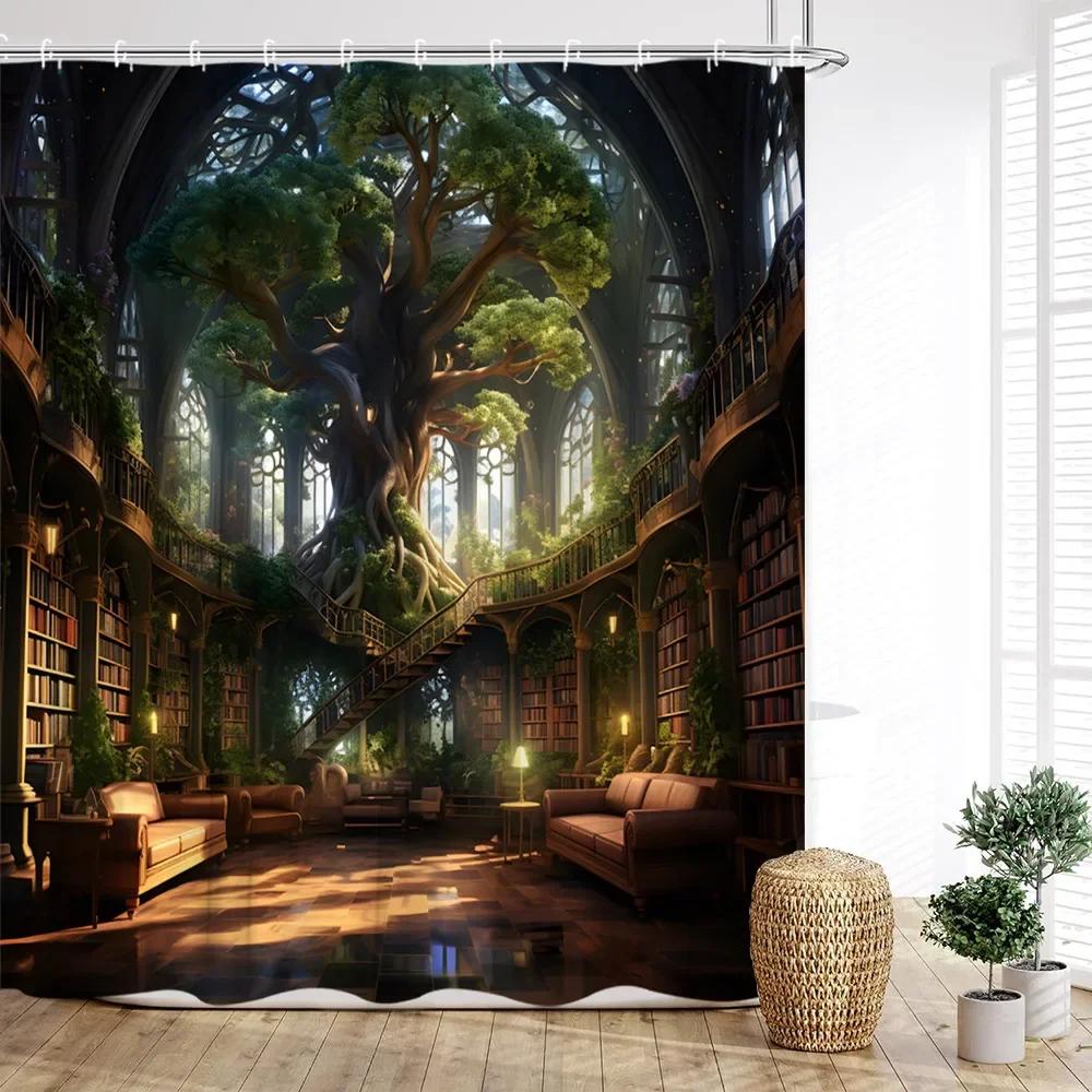 Vintage Bookshelf Shower Curtain, Magic Books Old Bookshelf Candles Ancient Attic Print Home Bathroom Decor With Hooks