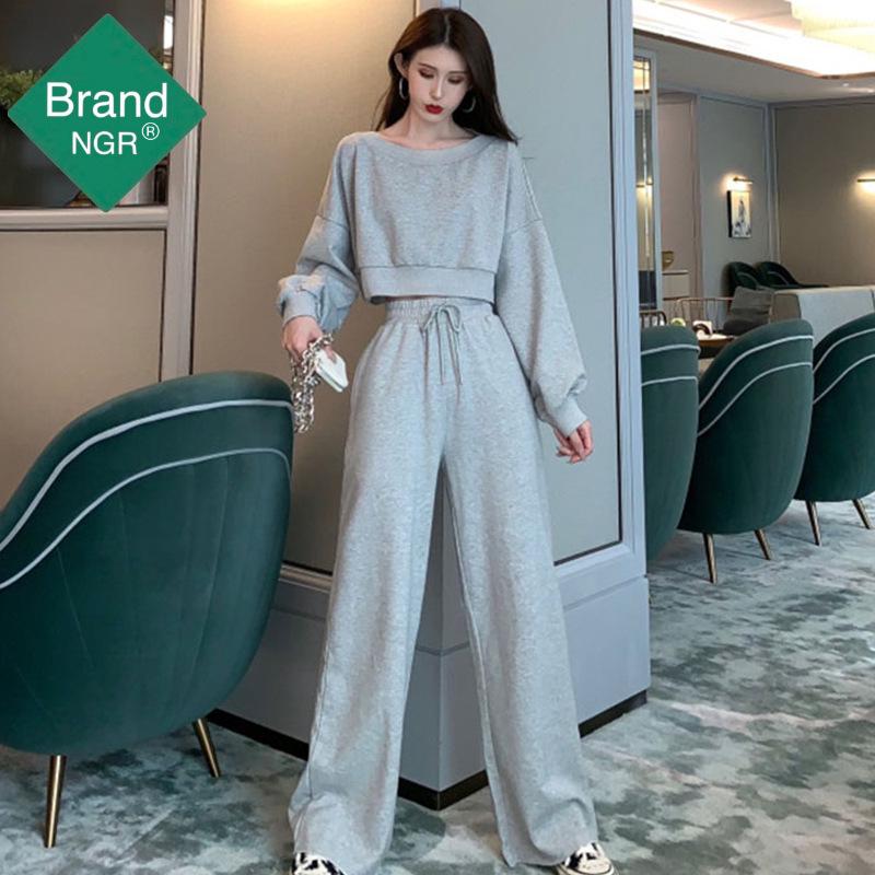 "Herbst Damen Trainingsanzug mit Kordelzug: Langarm-Crop-Top & High-Waist-Hosen Zweiteiliges Set"