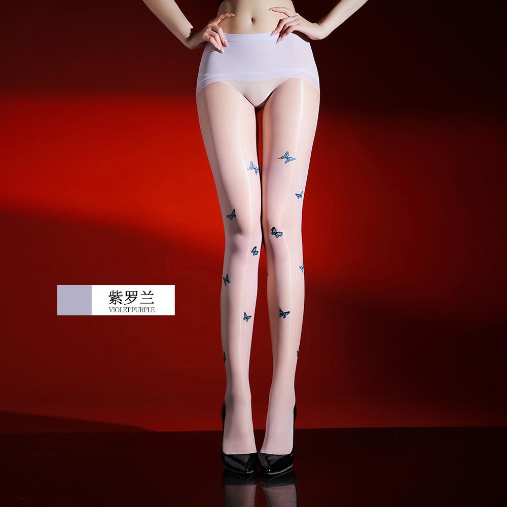 1D Butterfly Print Aurora Stockings, Giant Peak Jelly 360 Seamless Sexy Black Stockings With Open Crotch, Same Style As Popular