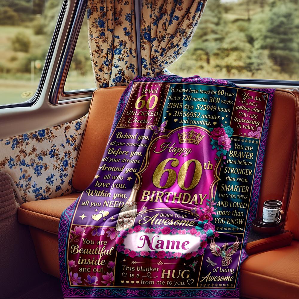 Happy 60Th Birthday Celebration Blanket Personalized Name Soft Comfortable Stylish Blanket Car Blanket Perfect For Travel Camping Outdoor Home