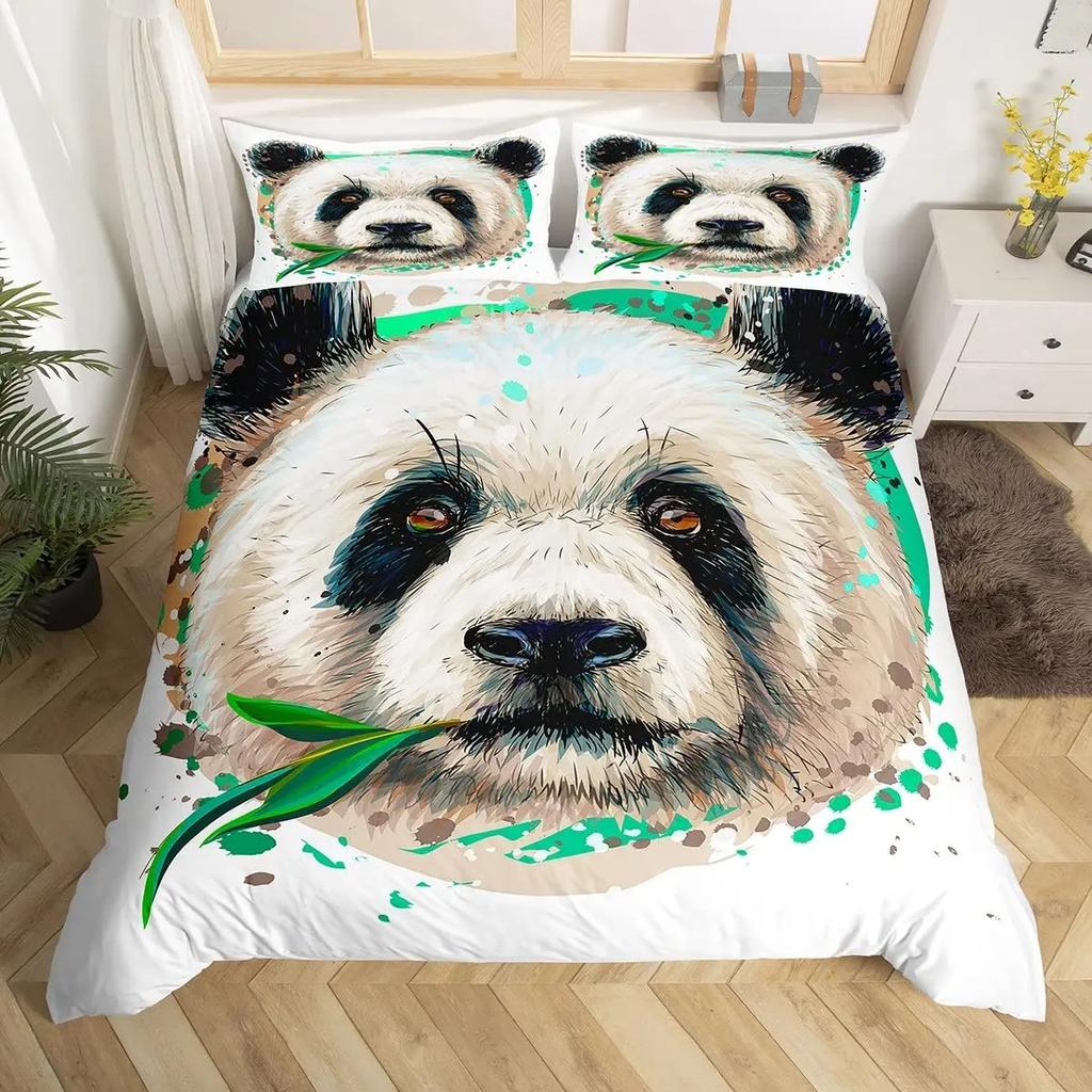 Panda Duvet Cover Set King Size Black And White Animal Comforter Cover With Pillowcases Starry Sky Blue Ultra Soft Quilt Cover