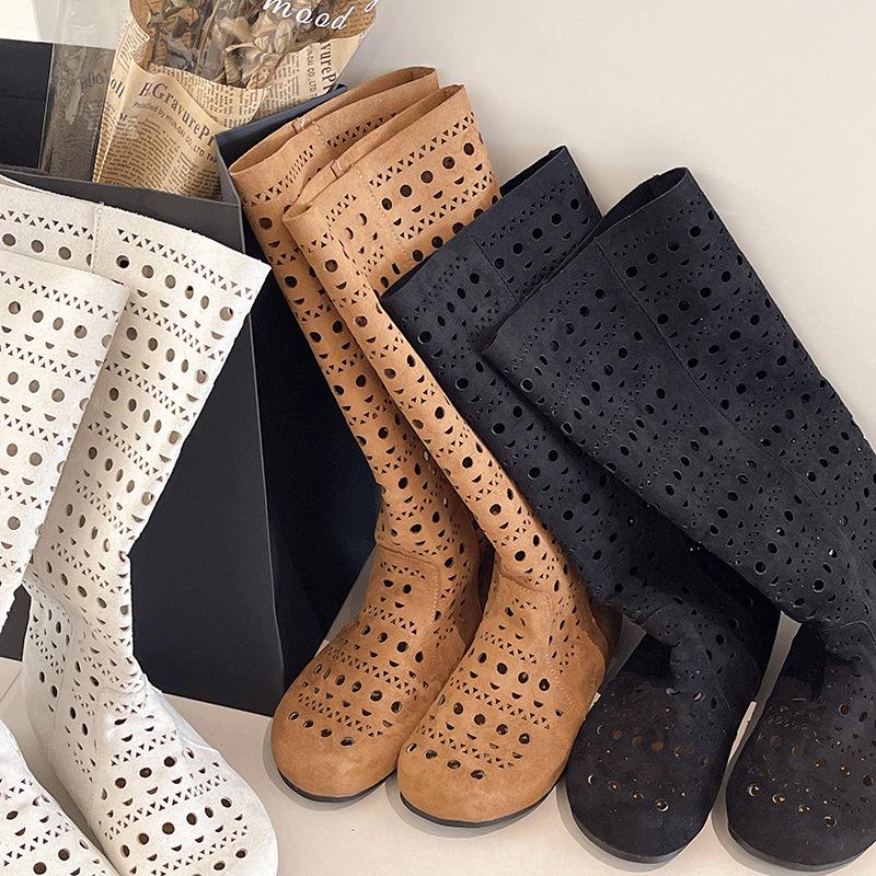 French hollow boots women's 2025 new summer versatile inner height increasing fashion boots but knee knight boots