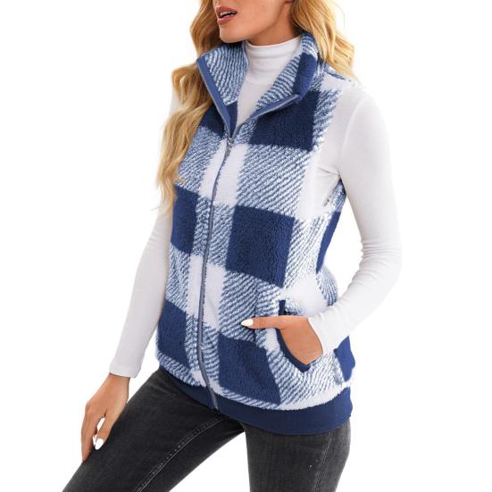 Frauen Herbst Winter Weste Mantel Ärmellos Stehkragen Dicker Plüsch Nackenschutz Reißverschluss Strickjacke Farblich Passende Plaid Taschen Dame Weste