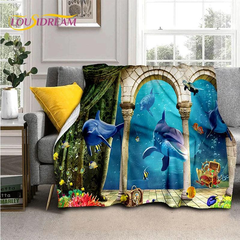 Underwater World 3D Illusion Seabed Cartoon Shark Dolphin Blanket,Soft Throw Blanket for Home Bedroom Bed Sofa Travel Cover Kids