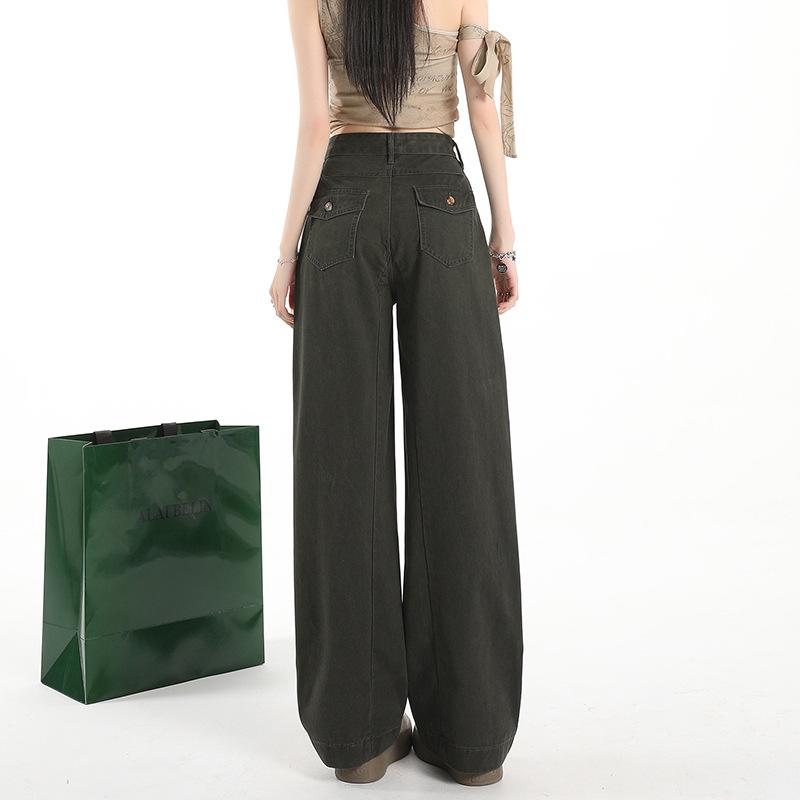 1111 #American Retro Army Green Tooling Jeans Women's New Spice Girl Slim High-waisted Wide-leg Pants Tide