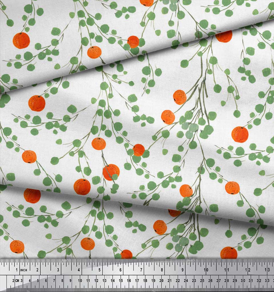Soimoi Black Japan Crepe Satin Fabric Leaves & Orange Fruits Print Fabric by Metre 42 Inch