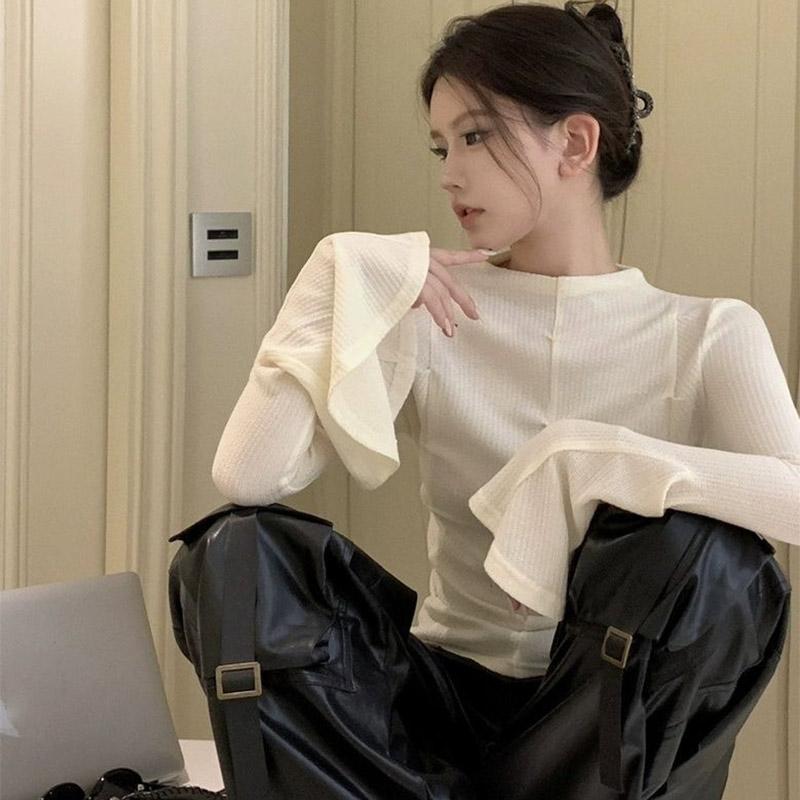 

Женская мода расклешенные рукава футболки пэчворк простые досуг женские элегантные тонкие пуловеры топы XL абрикосовый