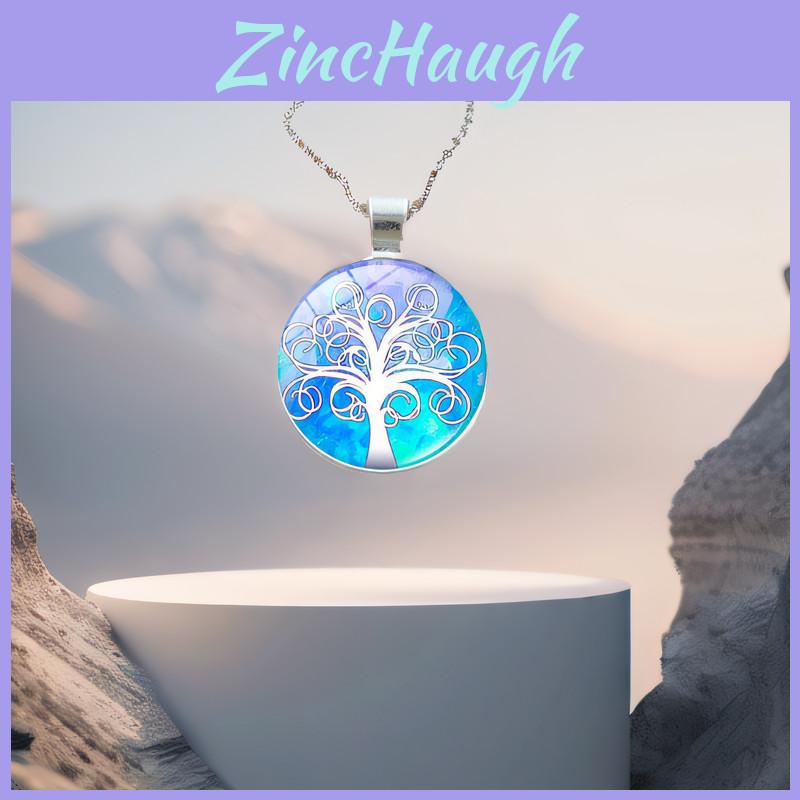 Vintage Silver Color Tree Pattern Pendant Necklace With Intricate Glass Cabochon Detail