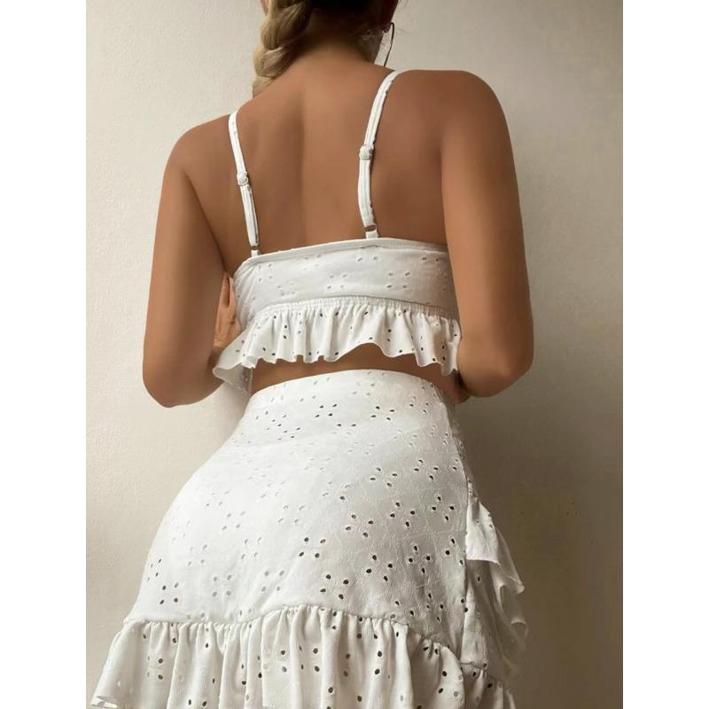 Women's Solid Black Eyelet Lace Ruffle Hem 2 Piece Bikini Set with Skirt