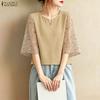 ZANZEA Women Casual Round Neck Loose Floral Splice Short Sleeve Blouse