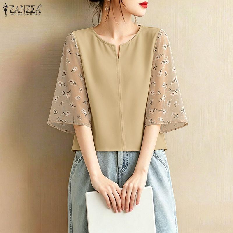 ZANZEA Women Casual Round Neck Loose Floral Splice Short Sleeve Blouse