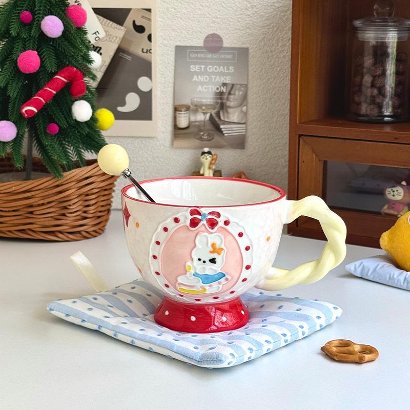 High-value underglaze color relief breakfast oat cup girls large-capacity ceramic mug birthday gift souvenir