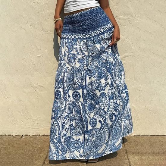 Maxi Skirt Pleated High Waist Printing A-Line Long Skirt Ruffle Splicing Design Leisure Vacation Women Skirt Daily Wear