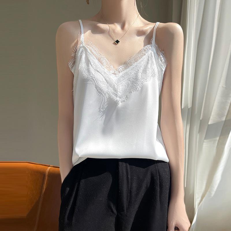 Camisola de seda para mulheres colete verão fino decote em v curto temperamento tops internos