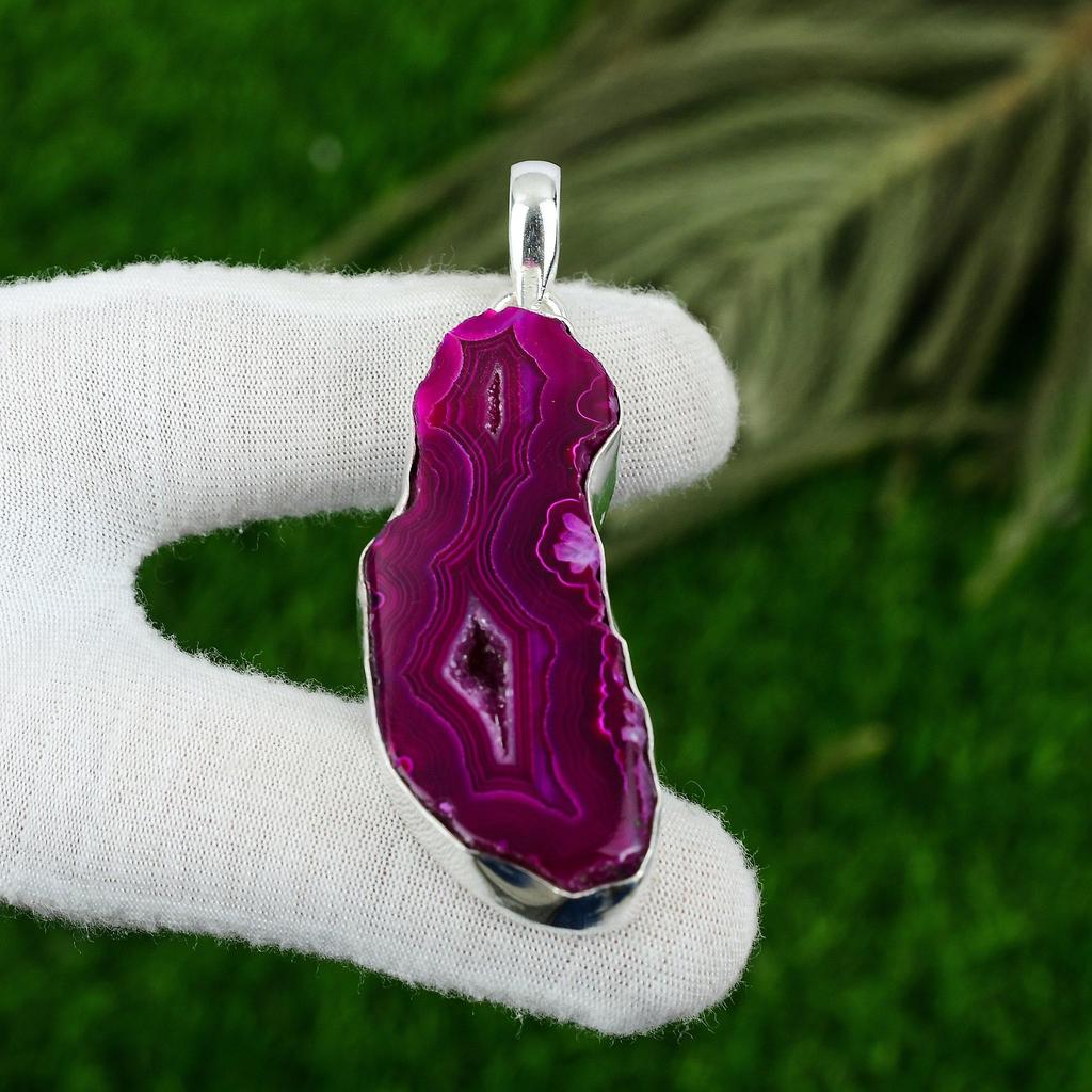 Vente Fête des Mères Pendentif Bijou Pierre Gemme Tranche Druzy Rose Argent Sterling 925