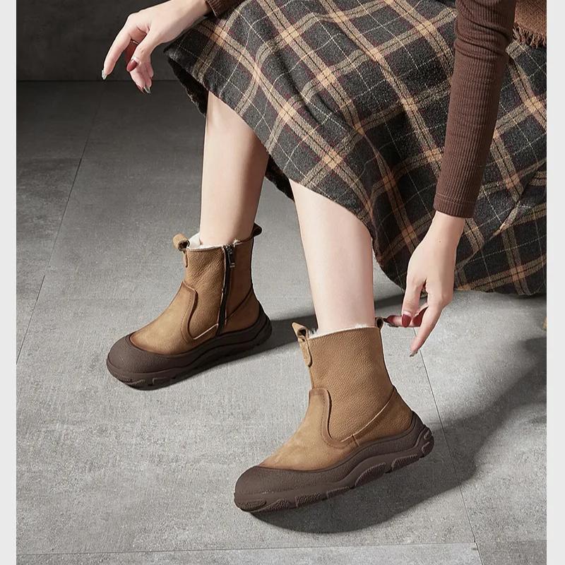 Johnature Genuine Leather Wool Warm Boots Round Toe Thick Soled Side Zipper Retro Women's Short Boots