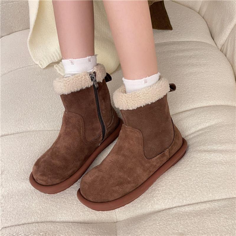 Snow Boots Women's Winter New Retro Velvet Warm Cotton Shoes Flat Bottom Ugly Cute Fluffy Cotton Short Boots