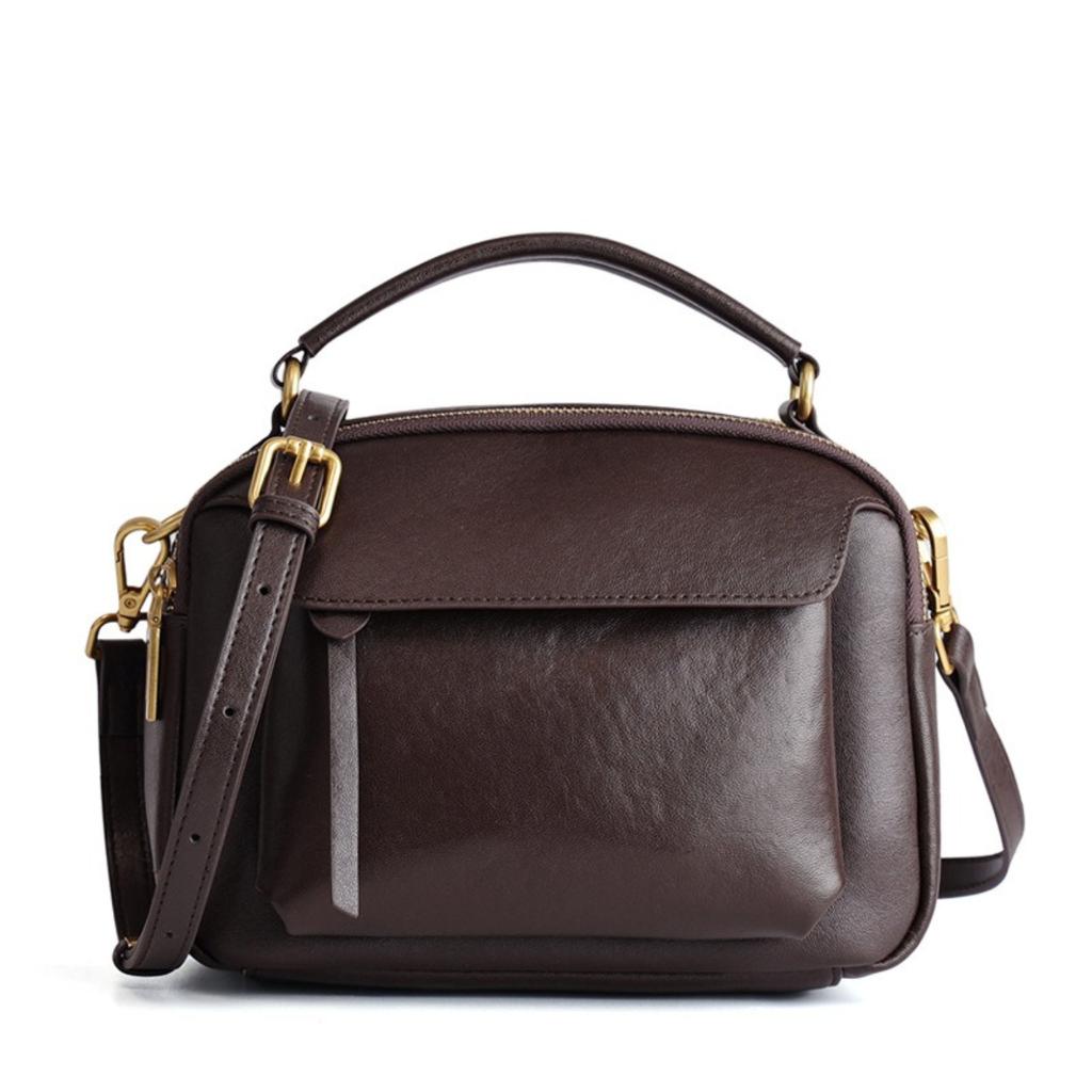 Genuine Leather Retro Shoulder Bag for Women - Vegetable Tanned Cowhide Crossbody Bag, Casual Commute Small Square Handbag