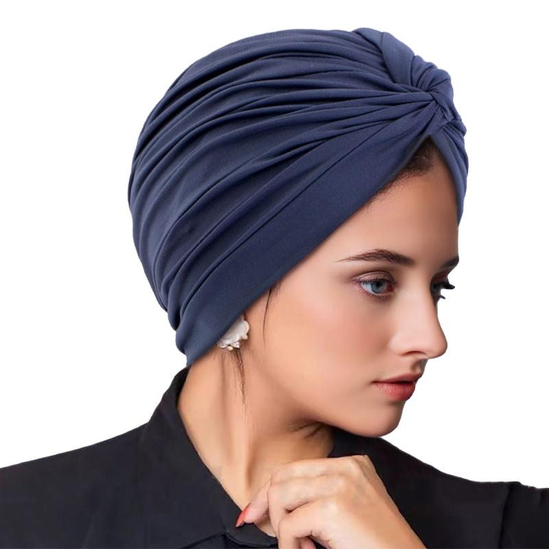 

New Women s Stretchy Twist Pleasted Hair Wrap Turban Caps Muslim Cancer Chemo Beanie Cap Headwear Sleep Hat One Size темно-синього кольору