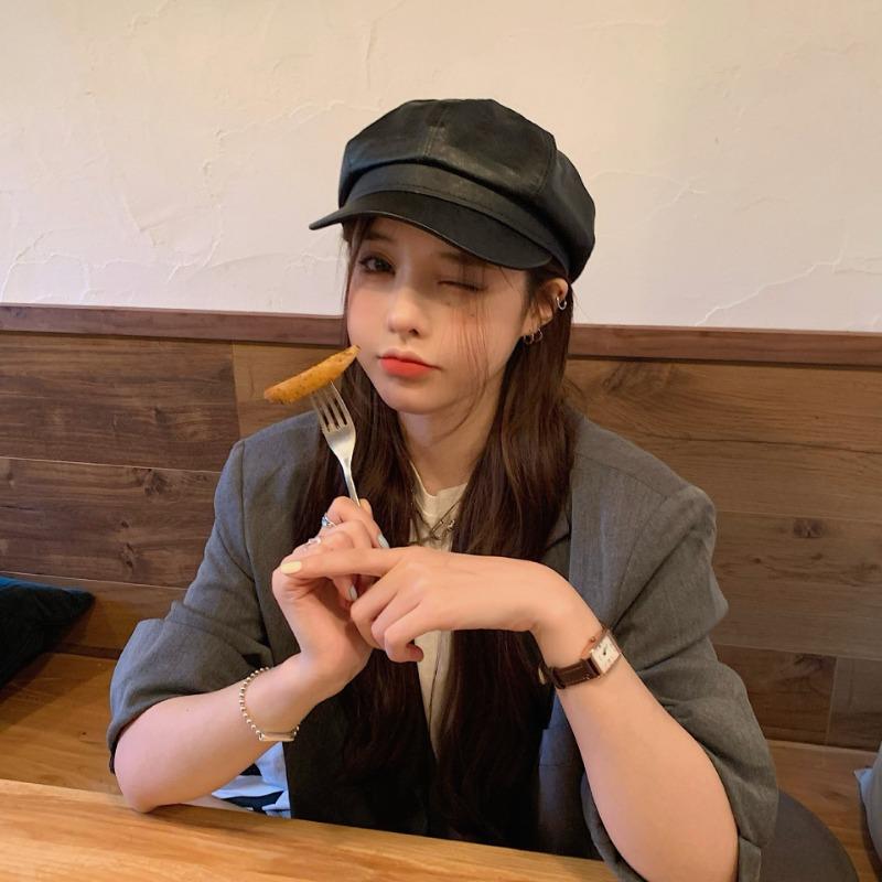 Black pu leather octagonal hat big head circumference beret autumn and winter painter hat female cap British hat leather hat