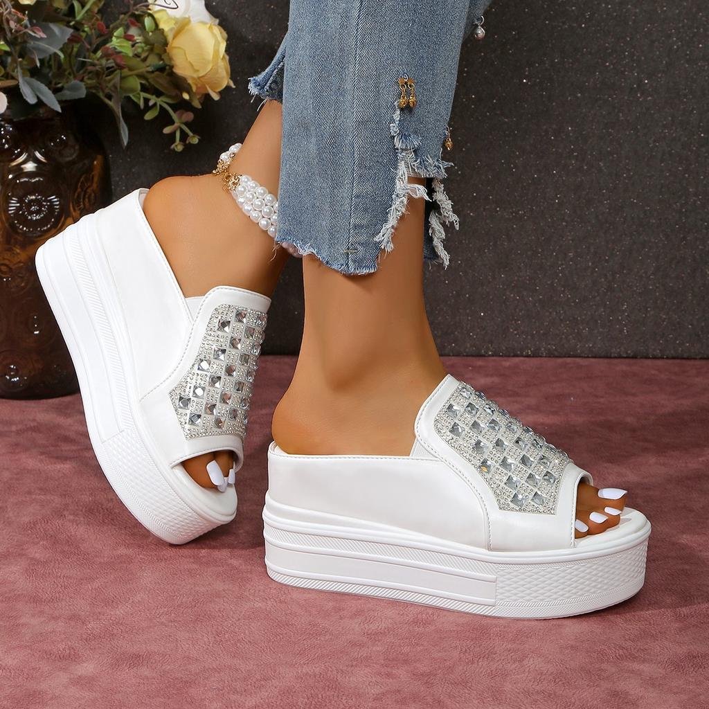 Fashion Aphixta White Wedge Heels Slippers Bling Crystal Design New Woman Shoes Mulers Platform Sandals Peep Toe Slides Plus Size 42