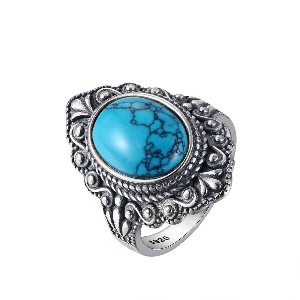 S925 Silver Oval Natural Turquoise Ring for Men and Women