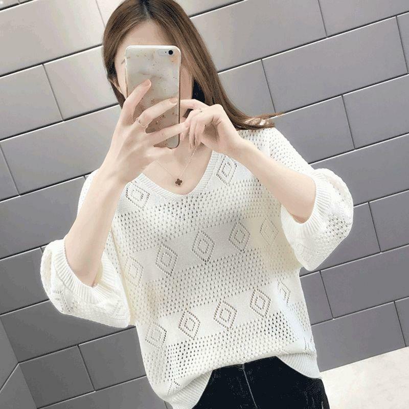 Spring and Summer V-neck Hollow Out Knitted Sweater for Women Loose Korean Version Bat Top for Women