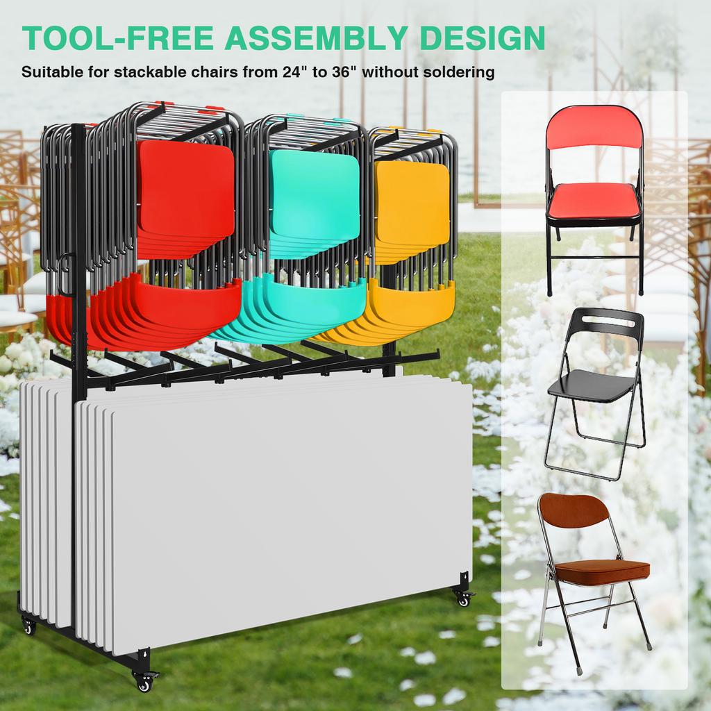 Folding Chair Storage Dolly with Locking Rubber Wheels Heavy Duty Chair Transport Mobile Seat Organizer for 12 Tables+42 Chairs
