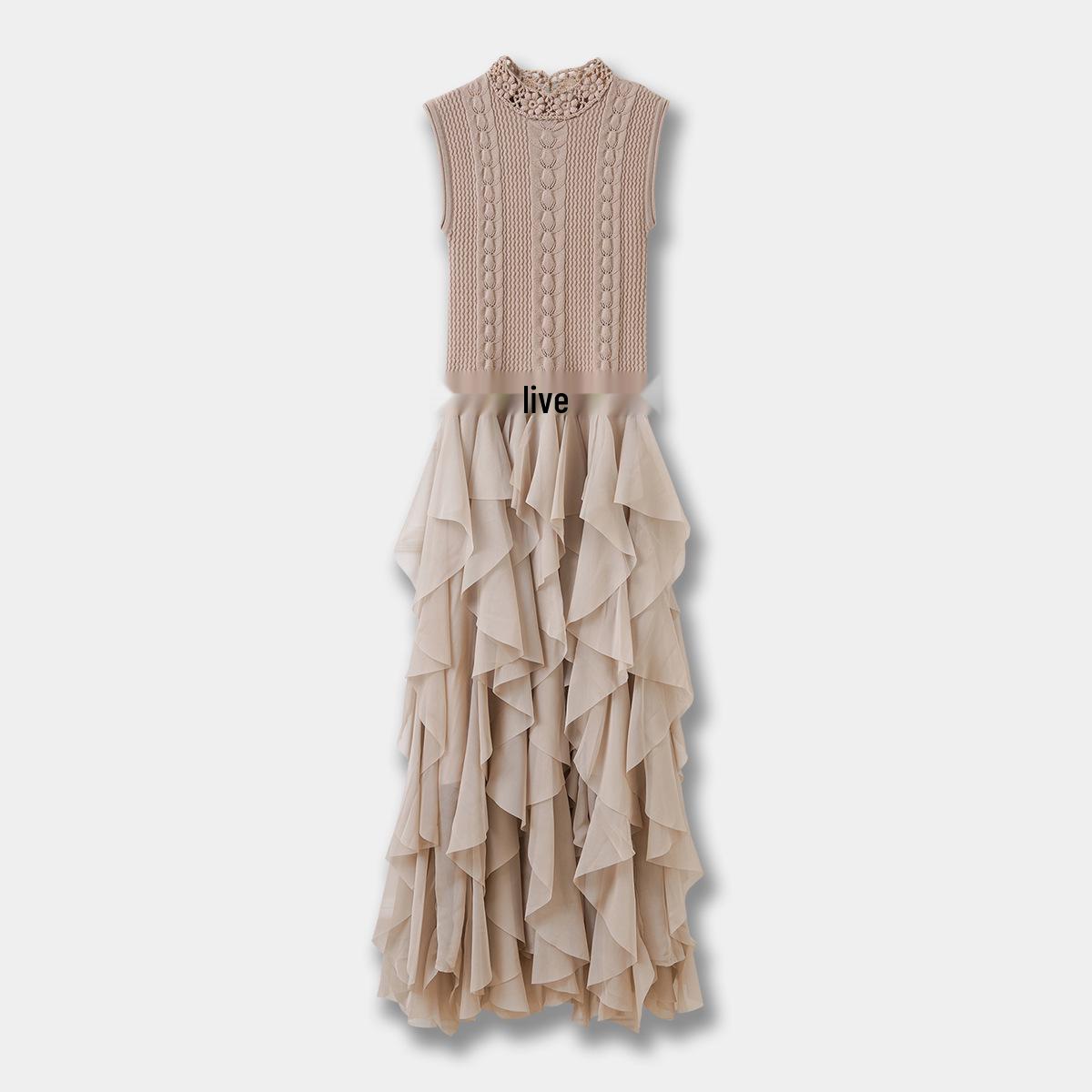 

NT26 Hand-Crocheted Flower Chiffon Ruffled Bodycon Sleeveless Dress with Lace Hem Small світло-коричневого кольору