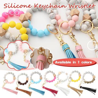 Silicone Key Ring Bracelet, Women Beaded Bangle Keychain Wristlet Leather Tassel