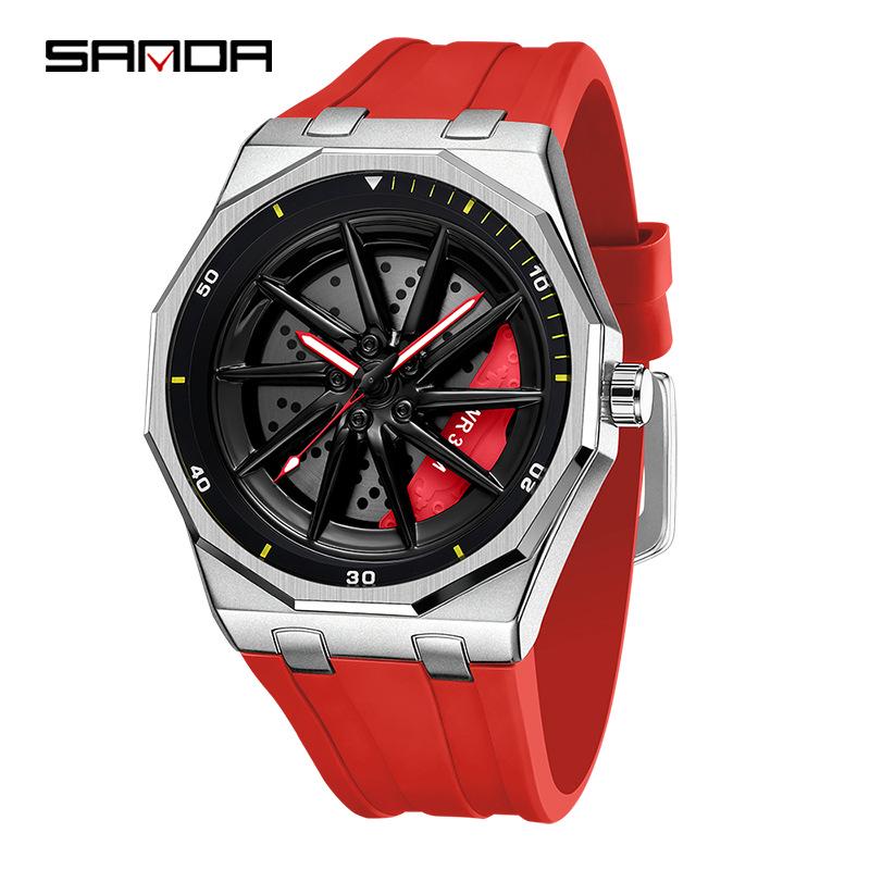 SANDA Men's Waterproof Luminous Polygonal Quartz Watch with 3D Rotating Dial and Silicone Band