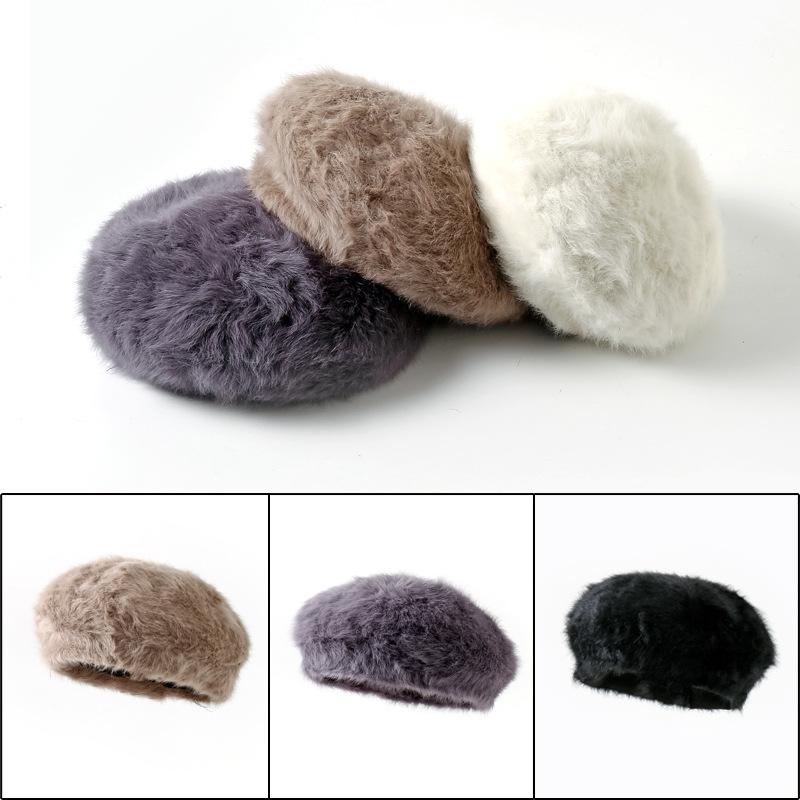 Autumn and winter new rabbit fur hat women's winter warm beret women's face small painter hat